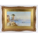 Sydney Lawrence, continental riverside scene with figures, churches and buildings, signed