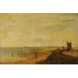 19th Century, coastal scene with figures on a beach, oil on board, unsigned, housed in a gilt frame,