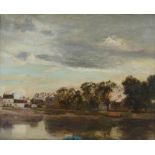 Attributed to David Murray (1849-1933) Homes by a pond, unsigned oil on board, 61cm x 49cm.