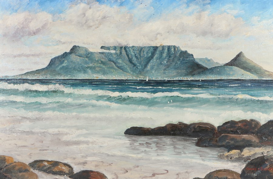 Franz V Zuyler, Table Mountain, signed oil on board, housed in a white painted frame, the oil 64.5cm