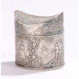 Silver tea caddy, the concave lid with embossed depiction of a figure on a swing, the cylindrical