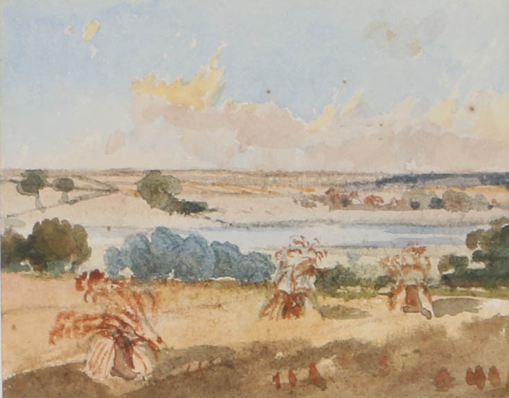 Thomas Churchyard (1798-1865), Haystacks with a river to the rear, watercolour, housed in a beaded