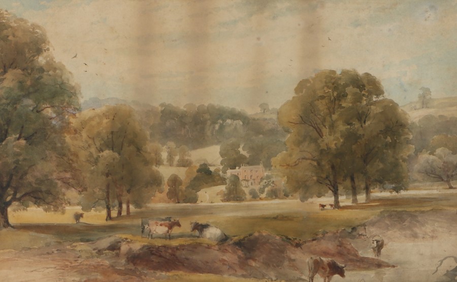 19th Century British school, Cows within the grounds of a large home, unsigned watercolour, 46cm x