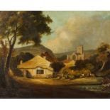 19th Century British school, a cottage and figures in a landscape, unsigned oil on board, 45cm x