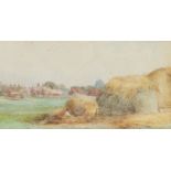 19th Century British school, Figures resting by bales of hay, unsigned watercolour, 29.5cm x 15.5cm