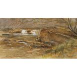 W.L. Eveleigh, riverside scene with distant waterfall, signed watercolour, dated 1910, housed in a