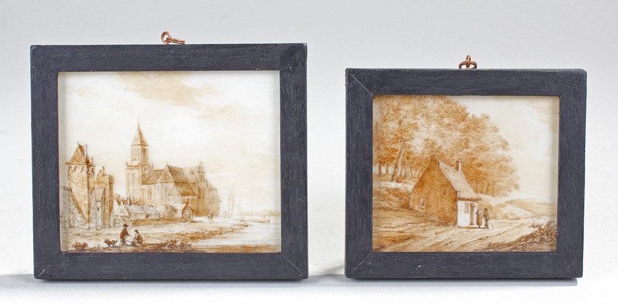 Two 19th Century sepia drawings, of landscapes on ivory plaques