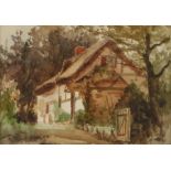Attributed to Charles T. Cox, "A Cottage in Stanton Lacy", watercolour, with inscribed details to