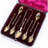 Cased set of Norwegian silver teaspoons, Maker R Iversen, consisting of six teaspoons with gilt