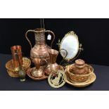 Metal wares, to include a middle eastern twin handled vase, pots, a brass mirror, also together with