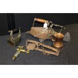 Metal ware, to include three irons, a stand, a trap, a copper tankard and a brass tap