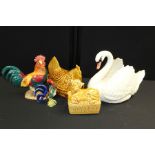 Pottery, to include a large swan, a chicken lid and base, a Sadler cow butter dish, a model of a