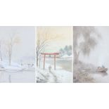 Shigesaburo Ishida, figure on a boat beneath a willow, snowy landscape scene with figure on a