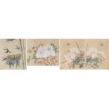 Chinese school, four watercolours on silk, three of flowers, one of birds nesting (4)