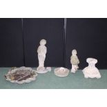 Collection of Garden ornaments, to include a figure, another, a plinth base and a shell, all AF
