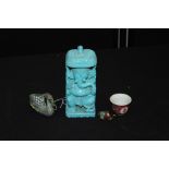 Turquoise figure of Ganesha, a small bowl, cloisonne elephant, and a pin dish in the form of a