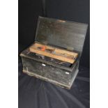Black painted pine tool box with interior removable tray, containing a quantity of animal traps,