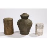 Metal vase and cover with cast foliate decoration, 19cm high, cylindrical brass pot and cover with