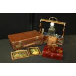 Oak tantalus, with one decanter, together with a case, a Japanese box, two miniatures and a box