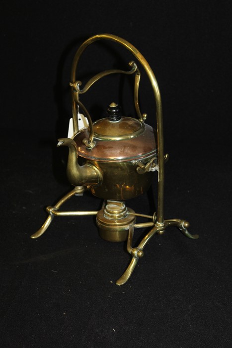 Brass & copper tea kettle & stand with burner, 35cm high