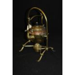 Brass & copper tea kettle & stand with burner, 35cm high