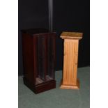 Mahogany veneered rotating CD cabinet, on a plinth base, pine pedestal style cabinet with cupboard
