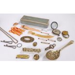 Collection of objects, to include chains, a compass, bracelet, spoon, buckle, etc, (qty)