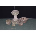 Garden statuary to include mortar, pedestal, urn, mask (5)