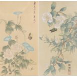 Two Chinese watercolours, both of flowers and butterflies, signed to the corners, 30cm x 56cm, (2)