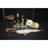 Brass and wrought iron trivet, two brass candlesticks, umbrellas, etc. (qty)