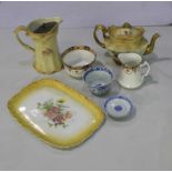 Decorative china to include, tray, teapot, water jug, milk jug, sugar bowl, oriental bowl and