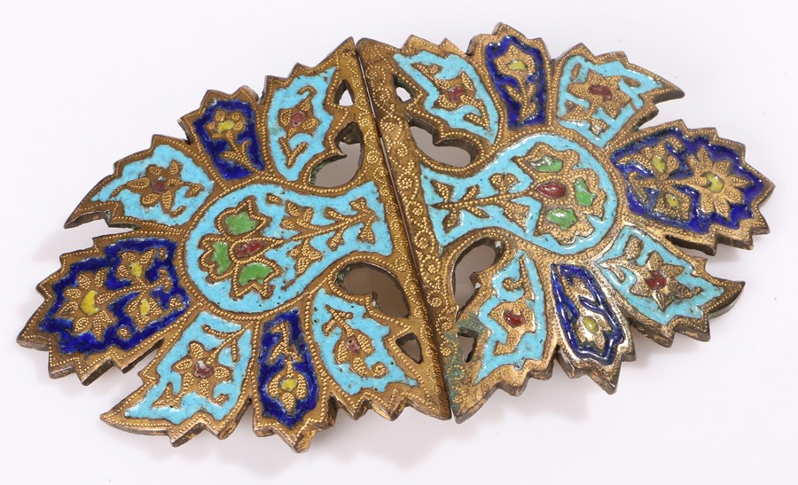 Gilt metal and enamel buckle, decorated with blues, greens and red