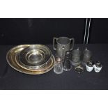 Silver topper sugar caster, Pewter tyg, two pewter mugs, plated platters, egg coddlers etc. (qty)