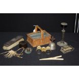 Decorative items, to include postal scales, small wicker cutlery basket, opera glasses, painted