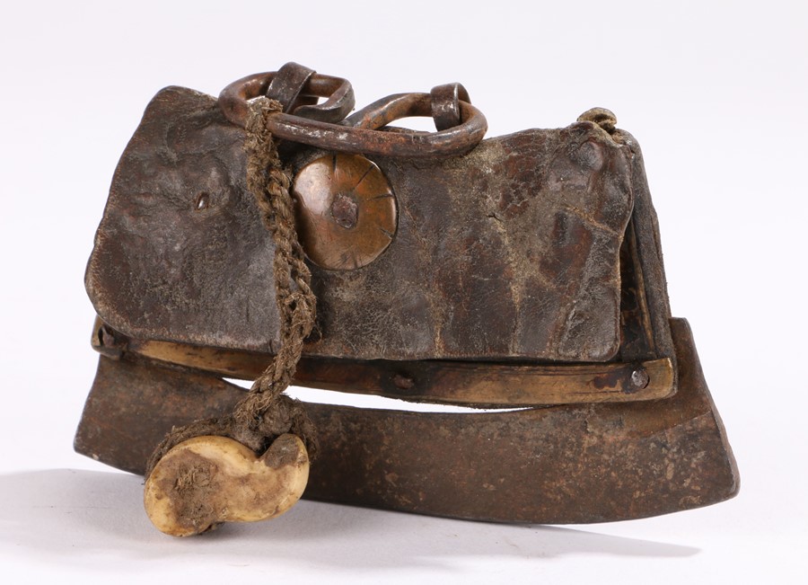 19th Century Tibetan tinder/flint strike, with a vertebrae to the cord above the leather and steel