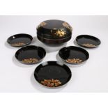 Japanese Meji period box and dishes. the black lacquer circular box with gilt bamboo, pomegranates