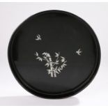 Chinese black lacquer tray, of circular form, the central field with mother of pearl inlay depicting
