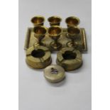 British Empire Exhibition 1924 souvenir plated pot and cover, brass egg cruet with six egg cups, two