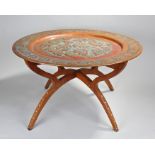 Early 20th Century Syrian copper table, with a foliate pierced dish top, raised upon an ivory inlaid
