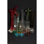 Fifteen coloured glass spill vases with bulbous bubble decorated bases (15)