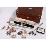 Collection of items, housed within a rosewood box a collection of costume jewellery, a coronation
