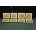 Eight Henry Alken prints depicting hunting scenes, housed in glazed oak frames, the prints 25cm x