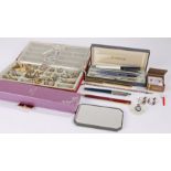 Collection of jewellery and pens, to include costume pieces, earrings, a Parker pen, watches,