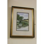Carol Nichols, Still water- Maysland Farm lake" signed watercolour , in a green and gilt frame,