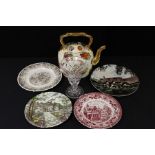 Substantial porcelain teapot with fruit decoration, Stuart crystal vase, wall plates etc. (qty)