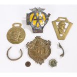 Roman bronze brooch, together with a mount, an AA, a Churchill horse brass, a Monty horse brass, a