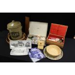 Selection of objects, to include sewing related pieces, a bread bin, trays and baskets