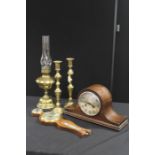 Brass oil lamp, pair of brass candlesticks, oak cased napoleon hat mantel clock, mahogany cased