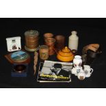 Decorative items to include copper and brass pot and cover, turned wooden cups, money boxes, 45rpm