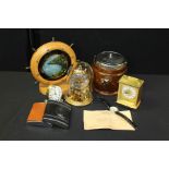 Collection of objects, to include clocks, hip flasks, a biscuit barrel etc, (qty)